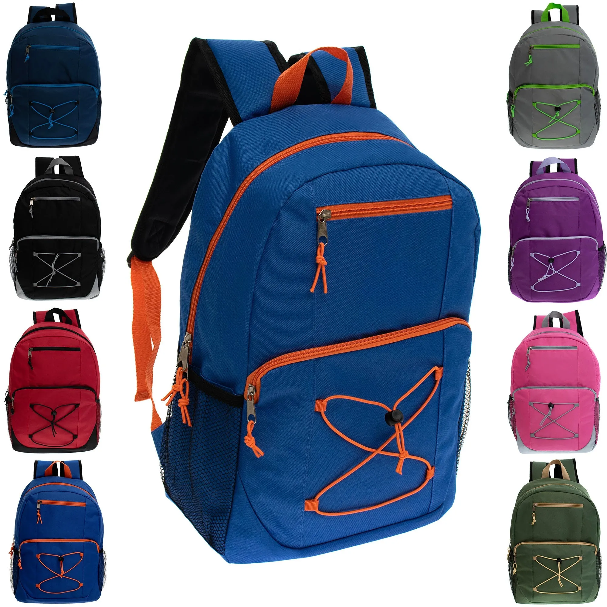 12 Bungee Style 17" Wholesale Backpacks in Assorted Colors & 12 Bulk School Supply Kits of Your Choice