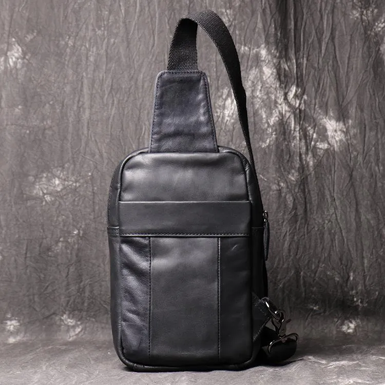 Black Leather Sling Backpack Sling Bag Chest Bag One shoulder Backpack Black Sling Pack For Men