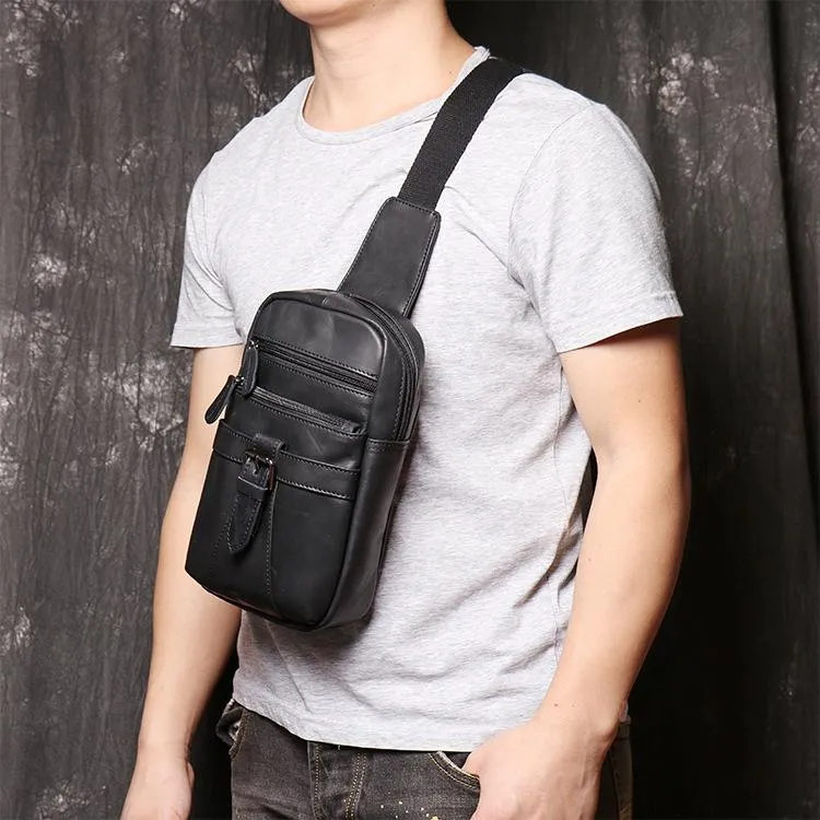 Black Leather Sling Backpack Sling Bag Chest Bag One shoulder Backpack Black Sling Pack For Men