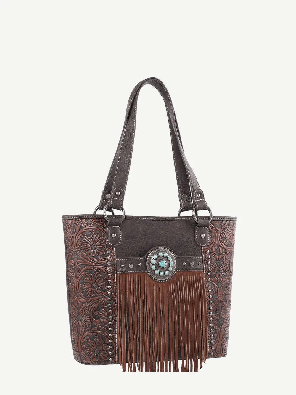 Montana West Floral Embossed Fringe Concho Tote