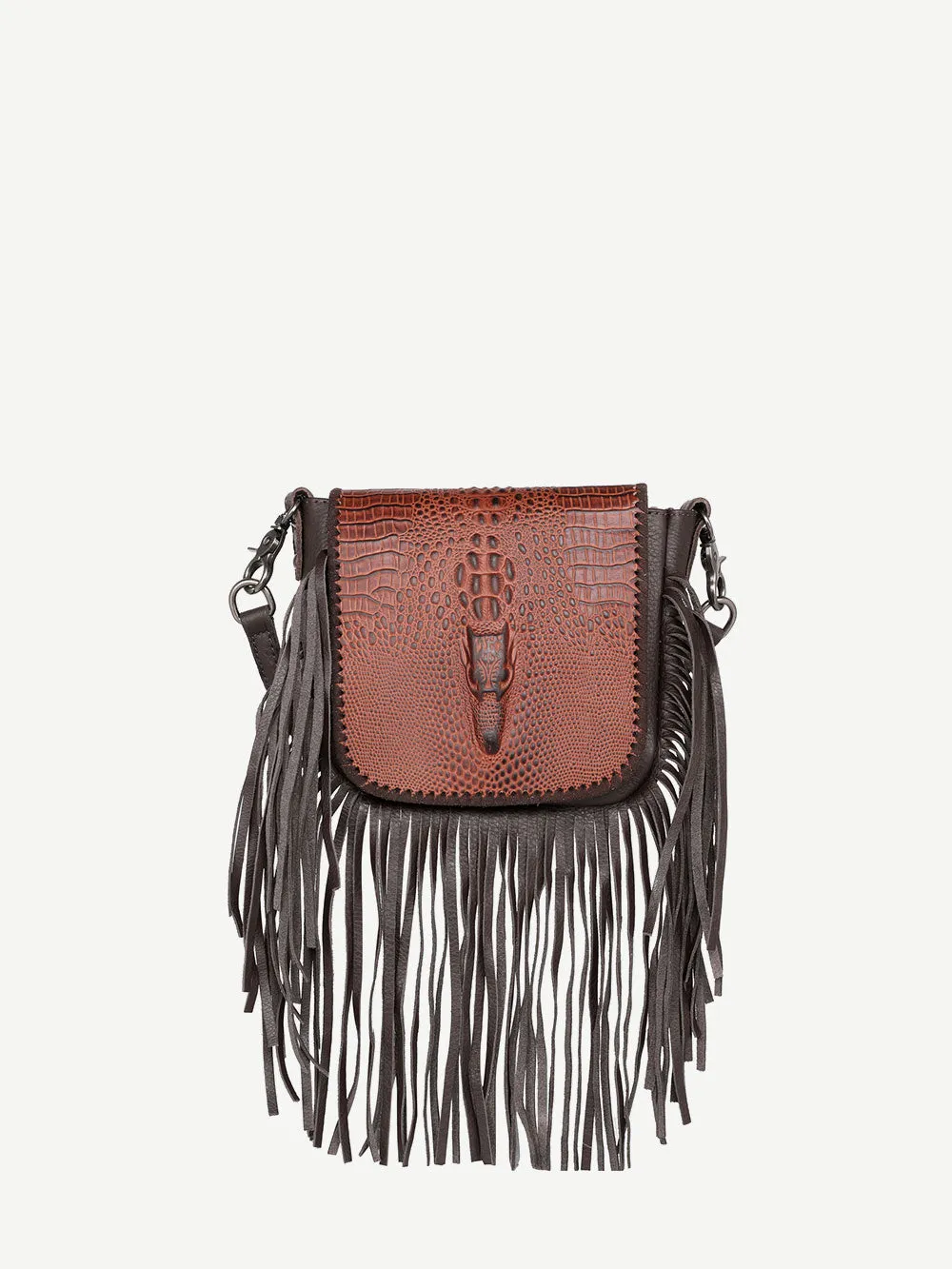 Montana West Genuine Leather Embossed Fringe Crossbody